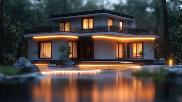 A contemporary home showcases warm lights at night, nestled in a quiet forest. Water reflects the glowing features, creating a peaceful atmosphere.