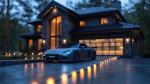 A sleek, modern sports car is parked on a stylish driveway in front of a contemporary home. The scene is set during dusk, showcasing ambient lighting and surrounding greenery.