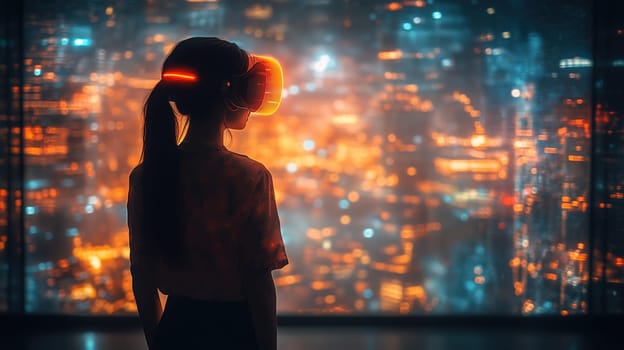 In a dimly lit room, an individual with a virtual reality headset stands by a large window, gazing at a dazzling cityscape filled with bright lights and colors, creating an immersive experience.