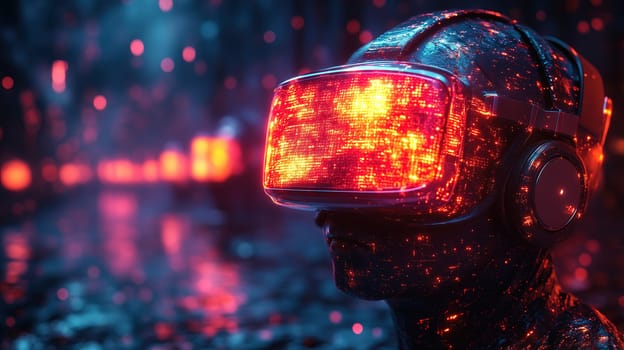 A figure wearing a virtual reality headset stands in a dark, illuminated environment filled with bright red lights and glowing particles, creating an immersive digital atmosphere.