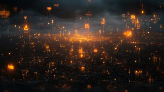 A vibrant cityscape at dusk filled with glowing symbols representing digital networks and technology. Light emanates from the horizon, highlighting urban connectivity.