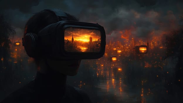 A person wearing a virtual reality headset gazes into a stunning yet haunting view of a dystopian city at sunset. The skyline is illuminated by glowing lights amidst dark, swirling clouds.