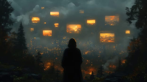 A person stands quietly, observing a fiery landscape filled with glowing screens surrounded by smoke and trees. The scene evokes feelings of loss and contemplation as dusk settles.