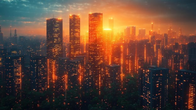 Tall skyscrapers reflect warm golden light during sunset, creating a stunning urban landscape. Lush greenery provides a vibrant contrast to the bustling city.