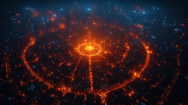 A captivating view of a city at night showcases a circular formation of bright orange lights creating a striking contrast against the dark surroundings, enhancing the urban environment.