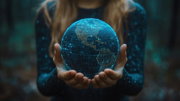 In a serene forest during twilight, a woman holds a luminous globe representing Earth, highlighting themes of environmental consciousness and global connection.