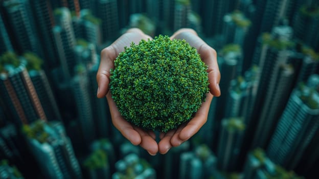Two hands cradle a lush green sphere, symbolizing nature and sustainability, set against an urban backdrop of towering buildings and greenery at dusk.