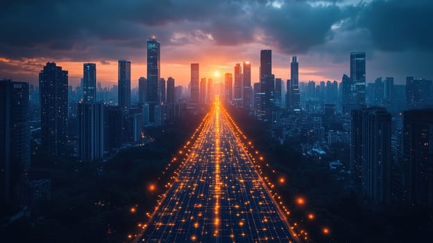 As the sun sets behind tall skyscrapers, city lights twinkle along a busy road. The vibrant orange and purple hues paint the sky, creating a breathtaking urban landscape.