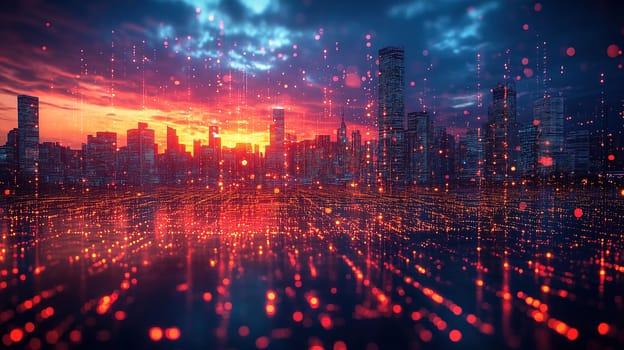 Colorful sunset casts a glow over a modern city skyline, with skyscrapers sparkling under a bright sky filled with dynamic colors and lights reflecting on the water surface.