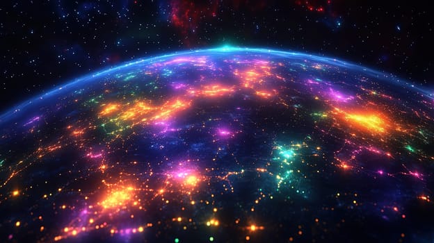 A stunning cosmic view of Earth shows a bright, colorful display of lights on the surface. Stars twinkle in the vast night sky, creating a mesmerizing atmosphere.
