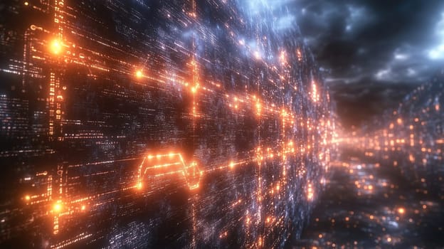 An abstract representation shows a futuristic digital landscape filled with glowing orange lines and patterns. Dark clouds loom overhead, enhancing the sense of depth and technology.