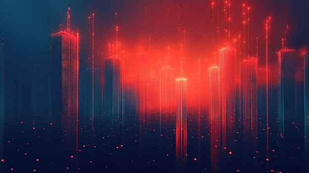 A vibrant cityscape features tall structures illuminated in red against a dark blue background. The glowing elements create a futuristic atmosphere, reflecting innovation and technology.