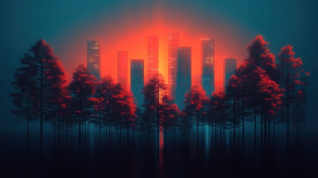 In a dramatic twilight setting, tall trees frame a glowing city skyline in the background, bathed in shades of red and orange as the sun sets.