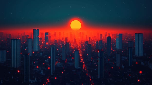As the sun sets, vibrant orange and red hues fill the sky, illuminating the skyline of a bustling city. Skyscrapers reflect the warm colors, creating a stunning evening atmosphere.