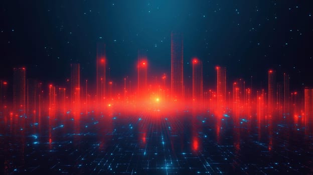 A digital artwork showcases a futuristic city skyline bathed in red and blue light, with glowing skyscrapers rising from a reflective surface under a starry sky.