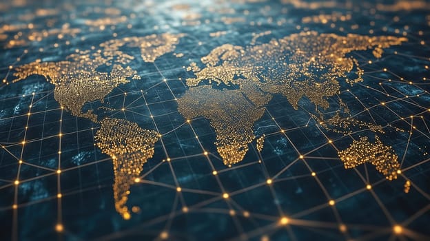 A digital representation of a world map displays glowing continents connected by intricate network lines, creating a futuristic impression. The dark background enhances the golden hues.