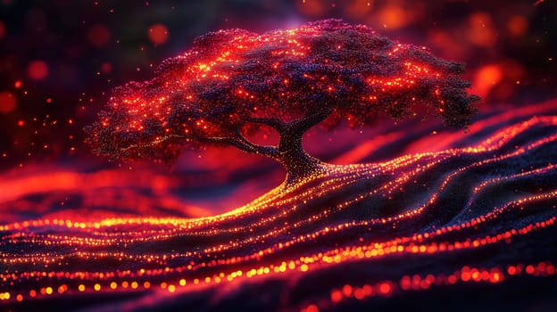 A surreal tree stands proudly in a mystical setting, adorned with radiant lights that create a captivating glow against a dark, rolling terrain during twilight hours.