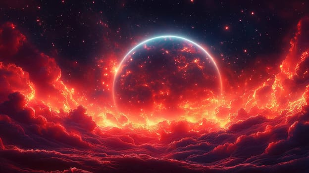 A stunning cosmic view showcases a radiant horizon with shades of orange and red, surrounded by textured clouds and a starry sky filled with distant stars.