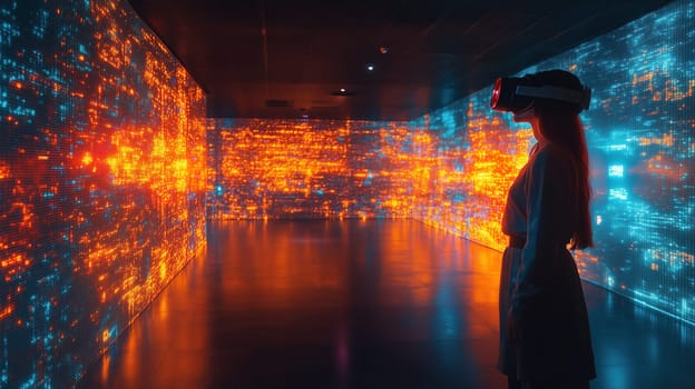 A person wearing a virtual reality headset stands in an interactive space filled with colorful digital projections. The glowing patterns create a futuristic atmosphere, enhancing the experience.