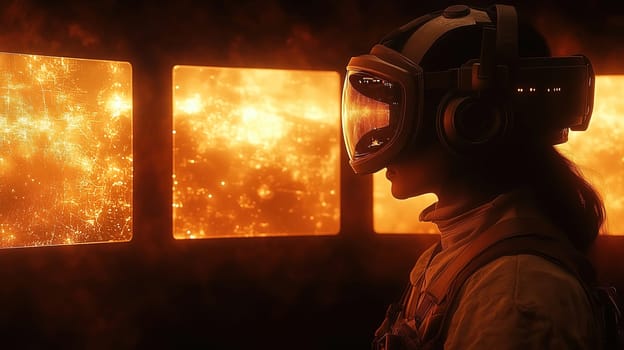 An astronaut wearing a futuristic helmet gazes out a window of a spacecraft, watching a vivid orange nebula and twinkling stars in deep space, lost in thought during their exploration.