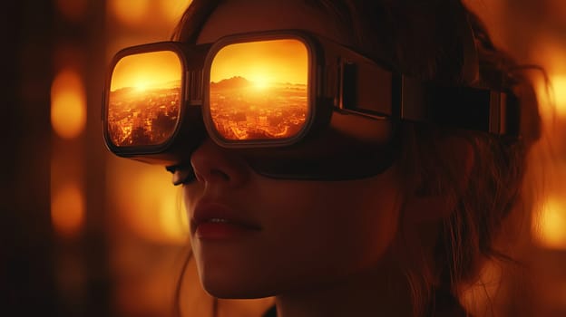 A young woman sits in a softly lit space, wearing virtual reality goggles. The goggles reflect a beautiful sunset over a city, highlighting vibrant colors and her focused expression.