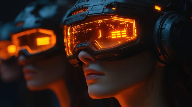 Participants engage with advanced virtual reality equipment, wearing high-tech headsets that glow with orange lights. This immersive environment showcases cutting-edge gaming technology.