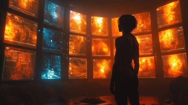 A figure stands in a dimly lit room surrounded by glowing screens. The monitors showcase vivid graphics in orange and blue hues, creating a dramatic atmosphere.