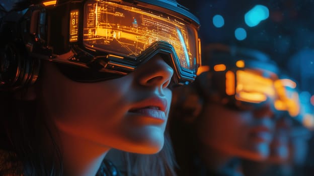 A group of individuals wearing high-tech virtual reality headsets are fully immersed in a digital world at a cutting-edge gaming facility. Bright lights and vivid graphics enhance the experience.
