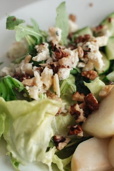 Salad with blue cheese, pears, nuts, chard and arugula.