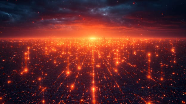 A breathtaking panorama showcases a vibrant sunset illuminating a sprawling futuristic city.