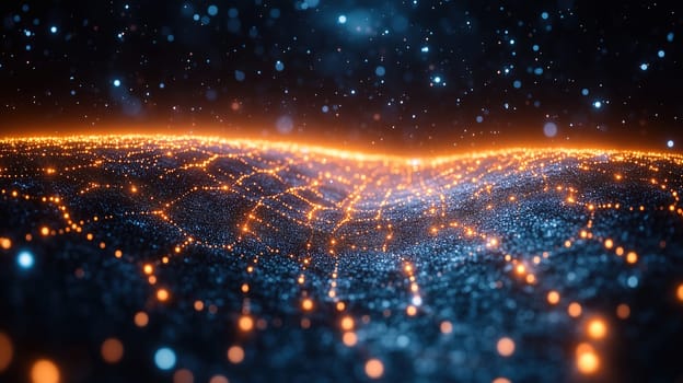 A vibrant digital landscape features glowing nodes connected by intricate lines, creating a mesmerizing network effect against a dark background that simulates a night sky.