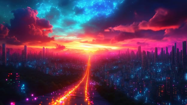 A stunning sunset casts brilliant colors over a futuristic city, with vibrant lights reflecting from buildings and a road leading into the horizon under a dramatic sky.