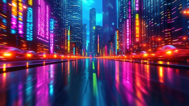 A bustling city street illuminated by colorful neon lights reflects on the wet pavement. Skyscrapers tower above, creating a lively urban atmosphere at dusk with moving cars.