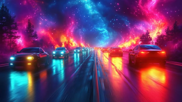 Multiple cars travel down a highway, their headlights and taillights casting bright reflections. The sky is filled with vibrant cosmic colors, creating a surreal atmosphere.