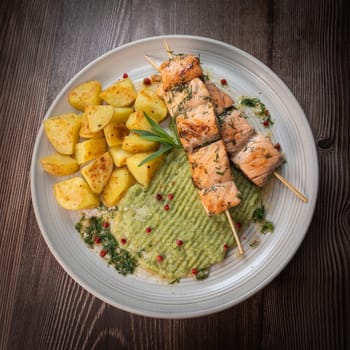 Barbecued salmon skewer with potatoes and broccoli Puree, High quality photo