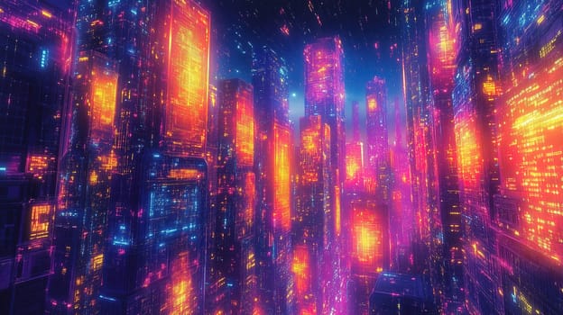 A stunning view of a bustling urban landscape illuminated by bright neon colors. Skyscrapers rise majestically, showcasing vivid hues against the night sky, creating a mesmerizing atmosphere.