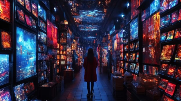 A person in a red coat walks through a lively art gallery filled with captivating, colorful artworks illuminated by vibrant lights. The atmosphere exudes creativity and wonder.