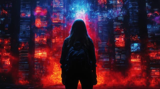 A lone figure stands silhouetted against a stunning, colorful digital landscape filled with bright blues, reds, and intricate patterns. The atmosphere is surreal and captivating.