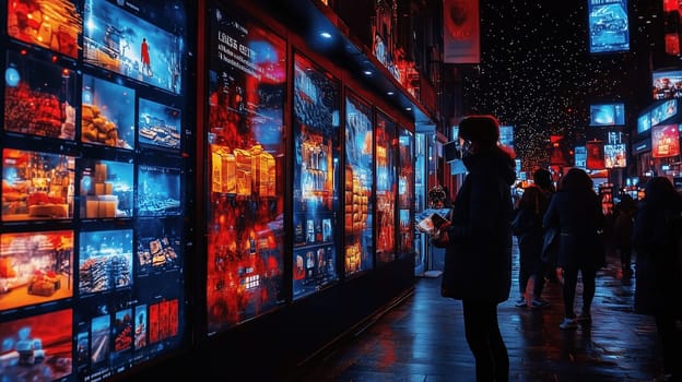 Brightly lit storefronts feature captivating visuals as people stroll along the lively street at night, immersing in the festive atmosphere and digital displays.