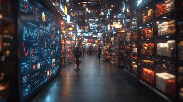 A bustling shopping corridor filled with colorful retail displays and large digital screens showcasing information, creating an engaging shopping atmosphere.