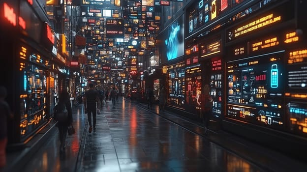 A bustling street is illuminated by numerous digital screens showcasing vibrant advertisements and information. People stroll through the lively urban setting, reflecting the neon lights.