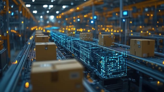 An advanced logistics system operates in a busy warehouse, featuring automated conveyor belts moving packages while digital data displays illuminate the environment.