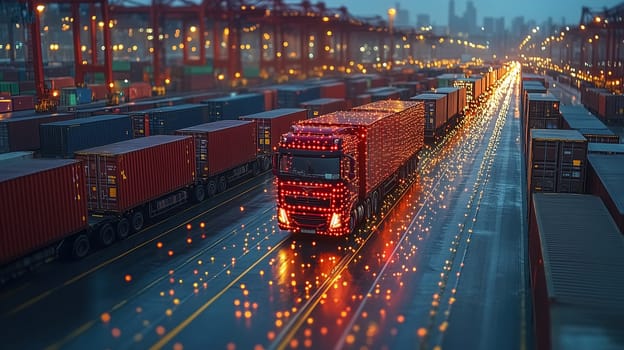 Trucks transport cargo along a bustling shipping terminal during twilight. The wet pavement reflects lights from the surrounding containers, creating a lively atmosphere.