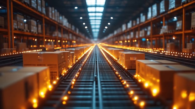 Automated conveyor systems transport boxes through a warehouse at night, with bright lights enhancing visibility and facilitating efficient operations.