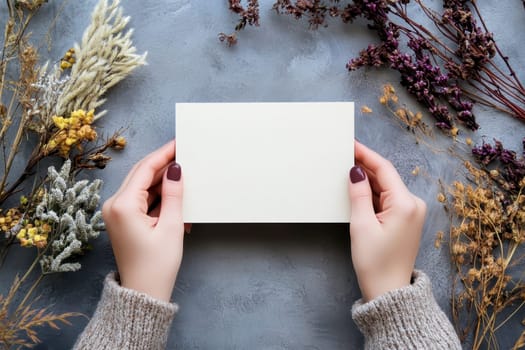 Hand holding printed greeting card mock up, blank empty postcard isolated on natural flower background.