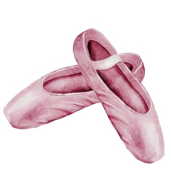 Pointe shoes watercolor. Hand drawn pink ballerina ballet flats postcard on isolated white background. Clip art of elegant satin ballet shoes with space for name inscription. Ideal card for ballet and dance and posters. High quality illustration