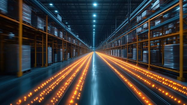 Bright lights illuminate narrow pathways in a spacious warehouse filled with rows of shelves. Workers move through the aisles, organizing and transporting products efficiently after sunset.
