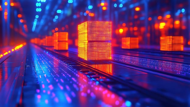 In a modern warehouse, illuminated boxes move along conveyor belts, creating a mesmerizing light display. The vibrant red and blue lights enhance the industrial atmosphere at night.