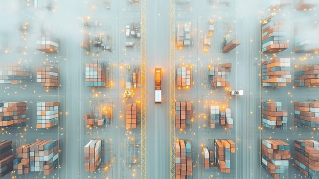 An aerial view of a bustling cargo terminal shows trucks weaving through a grid of shipping containers. Morning mist envelops the area, creating a lively atmosphere.