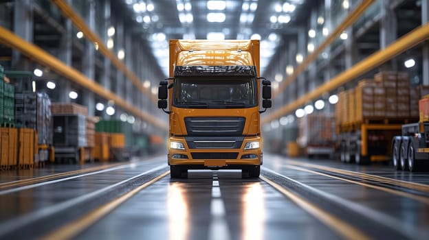 A bright yellow truck stands upright in an expansive warehouse, surrounded by neatly stacked cargo containers and pallets. The overhead lights create a warm atmosphere in the late afternoon.